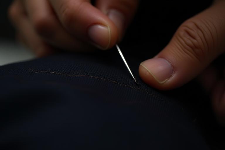 Close up of hand stitching on lapel