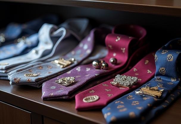Collection of ties and pocket squares on display