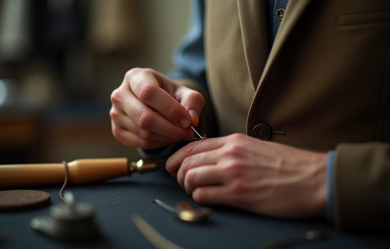 Tailor working on a suit jacket in a sunlit studio